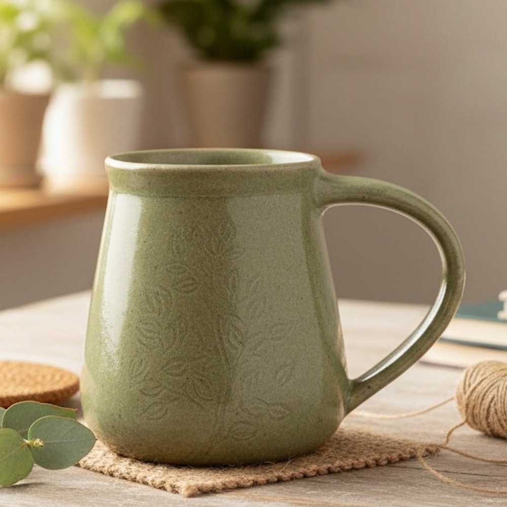 Studio Pottery Mug Sage Green Leaf Embossed Stoneware Handcrafted Artist